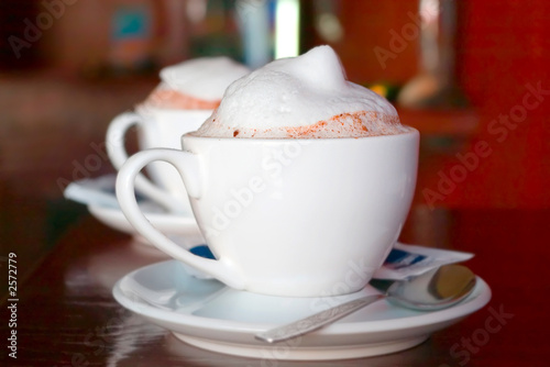 two cappuccino cups with milk foam and cinnamon