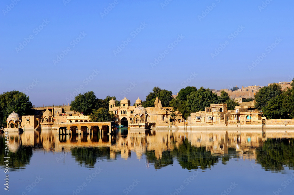 india, rajasthan, jaisalmer: the lake near jaisalmer
