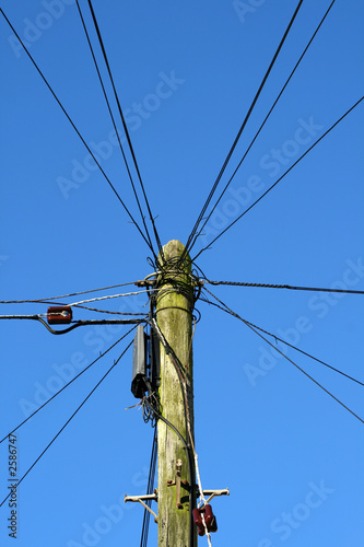 a telephone pole with lots of lines.