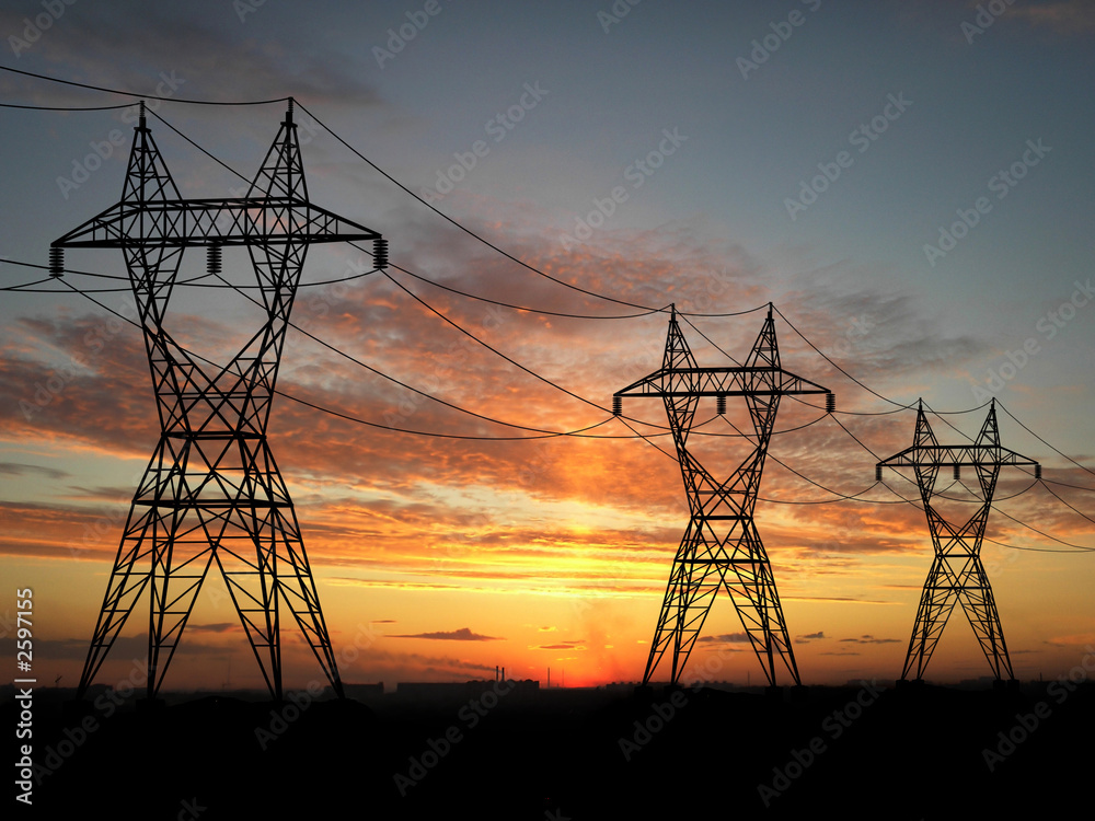 electric powerlines over sunrise