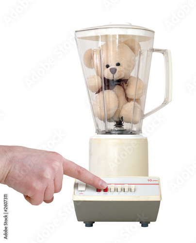 teddy in blender with finger pushing button, isolated on white b