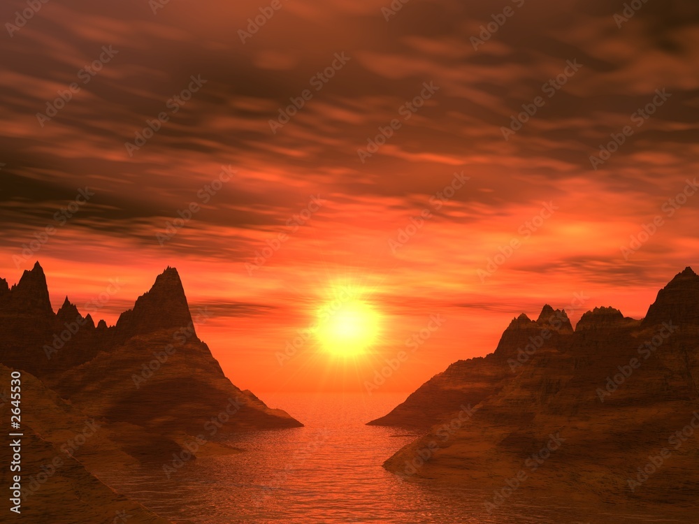 red dark  sunset in a bay