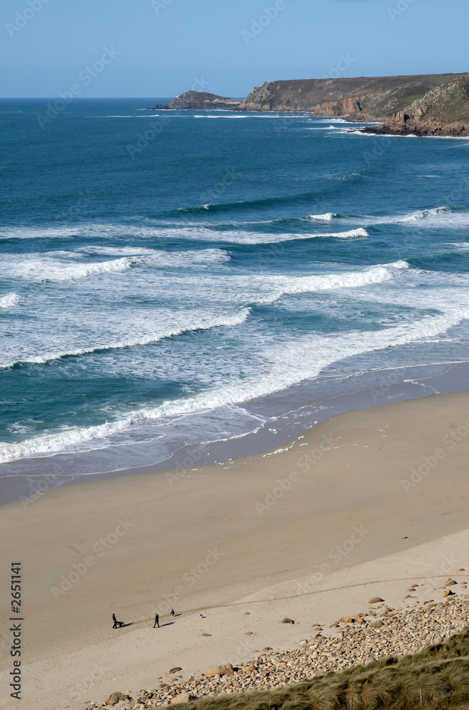 vertical view of the beach at sennen cove, cornwal