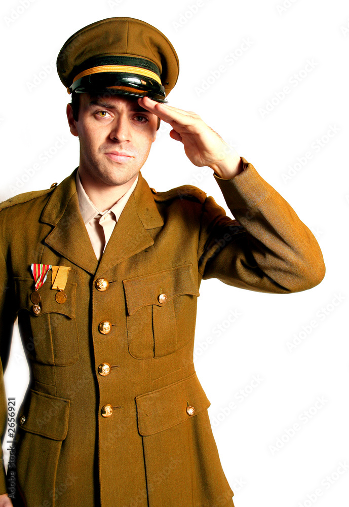 man in military field uniform with hat saluting man in military field uniform with hat saluting
