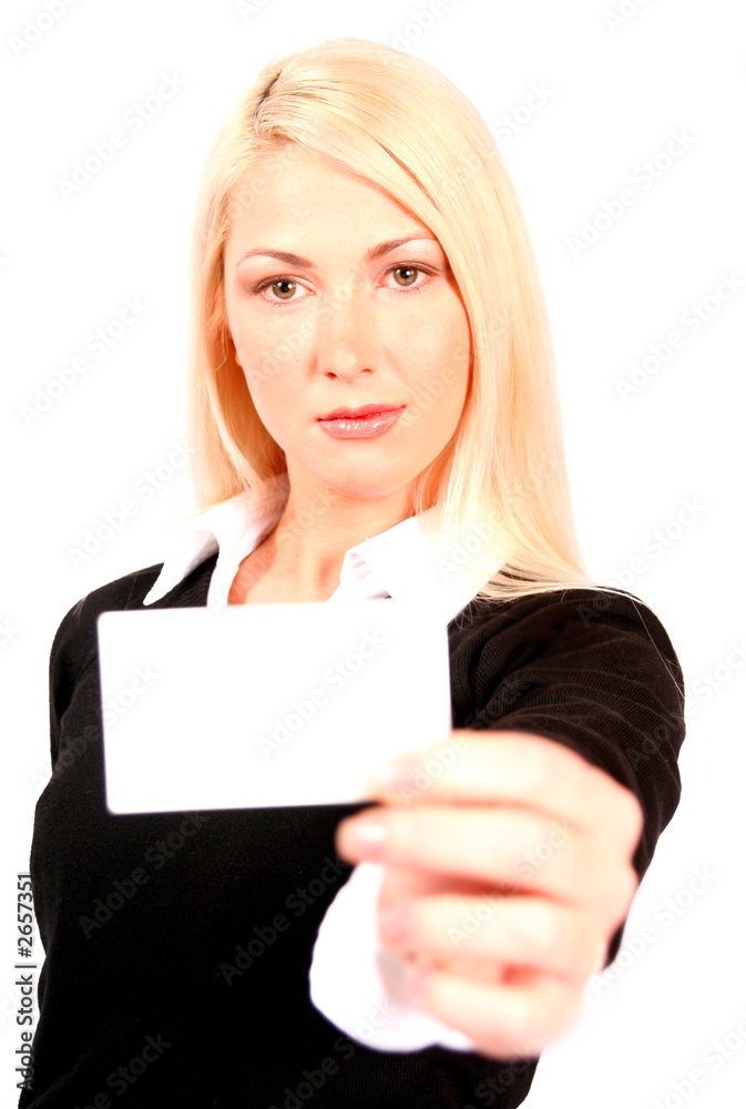 beautiful blonde business woman holding business card in front o beautiful blonde business woman holding business card in front o