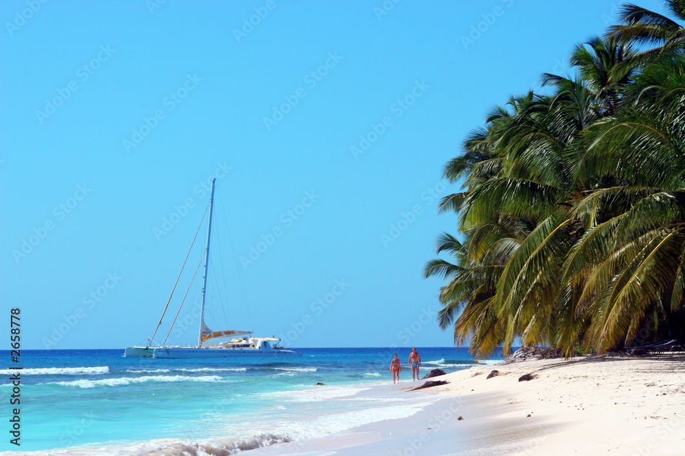 tropical island beach with sailboat
