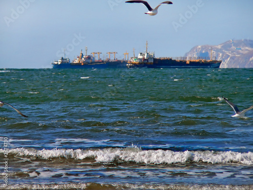 gulls, stormy sea and ships 1