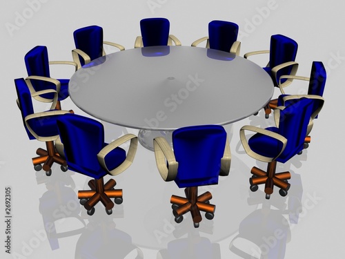 ten armchairs behind a roun...