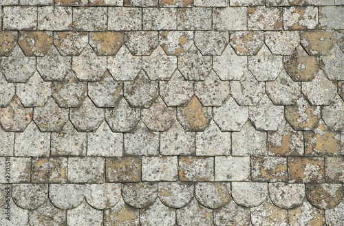 a close up of an old slate roof.