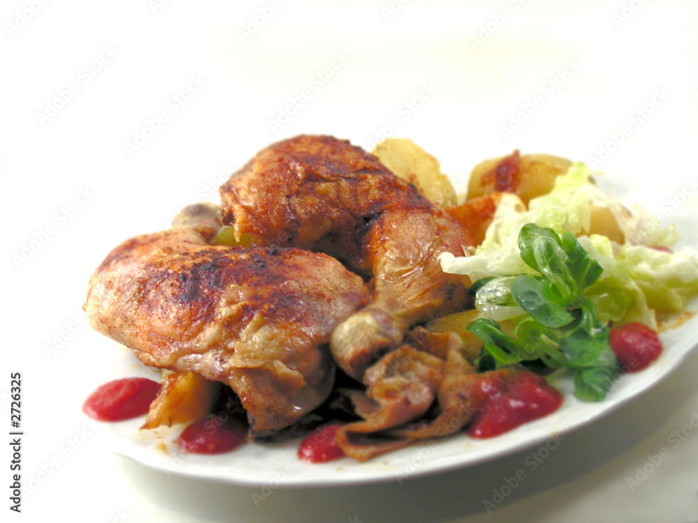 roasted chicken legs with vegetable,ketchup,salad roasted chicken legs with vegetable,ketchup,salad