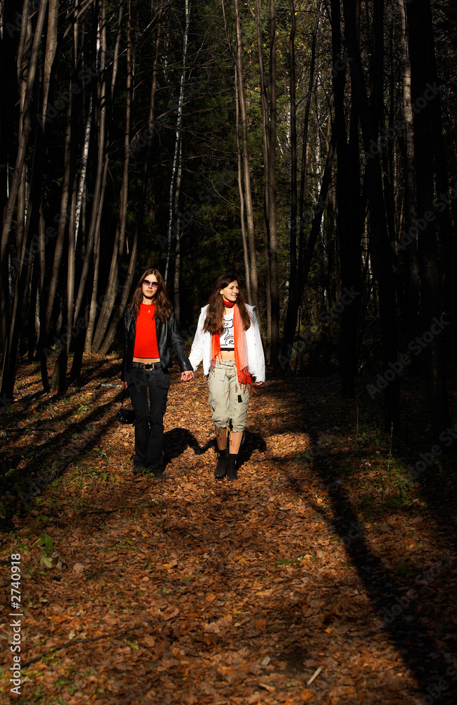 Fototapeta premium girls walking in the forest