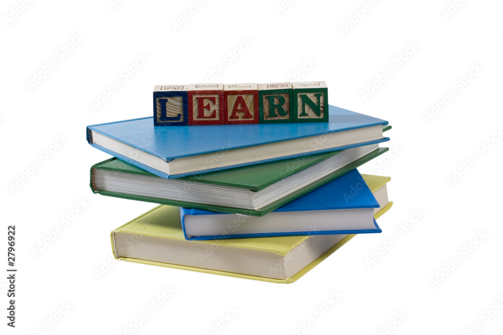 stack of books with learn on wooden blocks stack of books with learn on wooden blocks