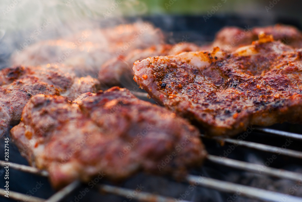 roasted meat on the grill. roasted meat on the grill.