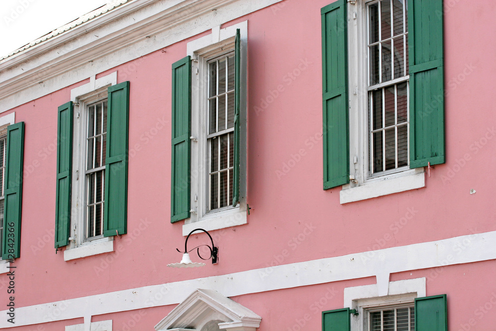 pink with green shutters
