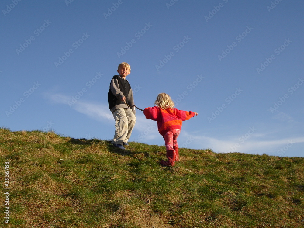 Big brother helping his little sister to get to the top of a hill
