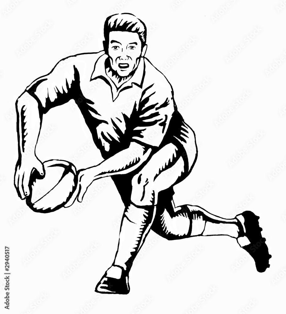 rugby player passing ball front bw