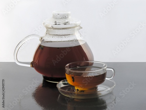glass-tea-pot and green tea-extract photo