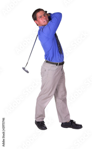 man playing golf shot with putter