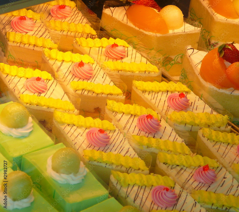 cakes in bakery display