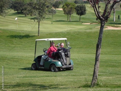 2 golfers in a golf cart