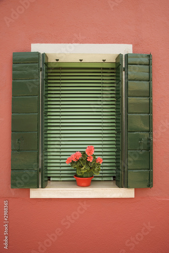 Fototapeta Naklejka Na Ścianę i Meble -  Red geraniums on window sill.