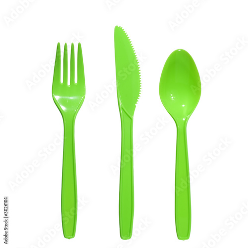 vibrant green  plastic  fork, knife and spoon