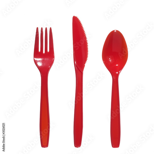 vibrant red fork, kife and spoon