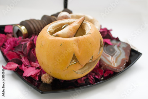 still life with red petals and pumpkin
