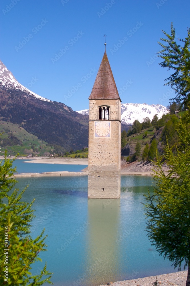 lago resia drawned church, resschen see, lago resia drawned church, resschen see,
