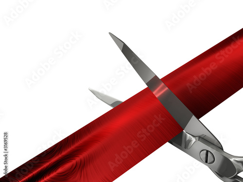 Scissors Cutting Red Ribbon. White Background. 3D illustration photo