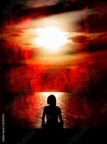 woman meditating on red grunge background