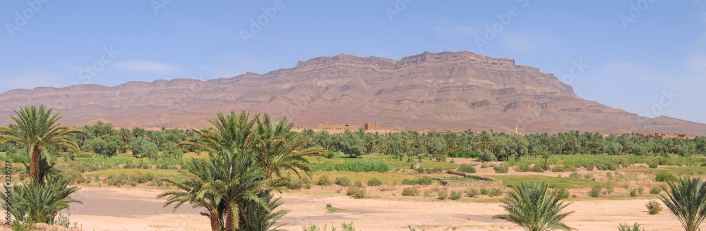 desert oasis with a fortress and mountains behind, zagora, draa