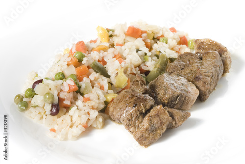 fried meat with vegetables and rice