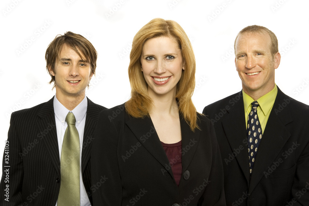 three business people stand together three business people stand together