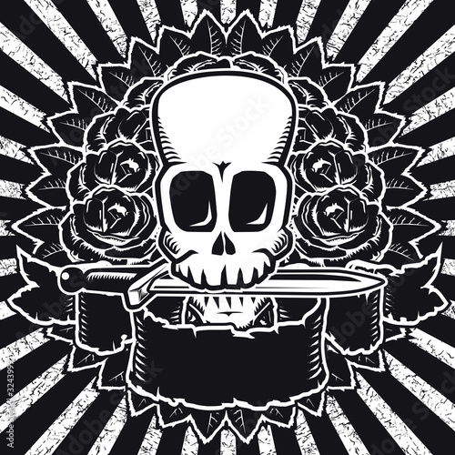 skull and roses bw