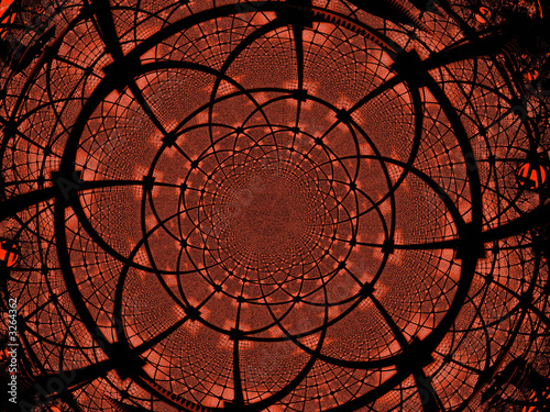 Fototapeta Naklejka Na Ścianę i Meble -  Ornamento floreale frattale in nero su sfumature di rosso e marrone. Fiore Wireframe. Effetto vetrata.