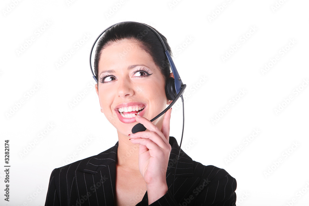 lachende frau, kopfhörer, callcenter, hübsche frau lachende frau, kopfhörer, callcenter, hübsche frau