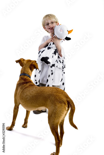 boy with toy and dog photo