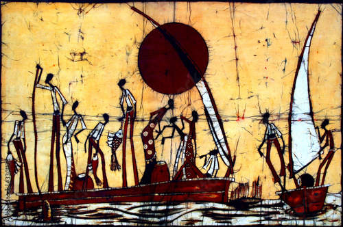 African art batik wall decoration with people and sail boats. #3301128