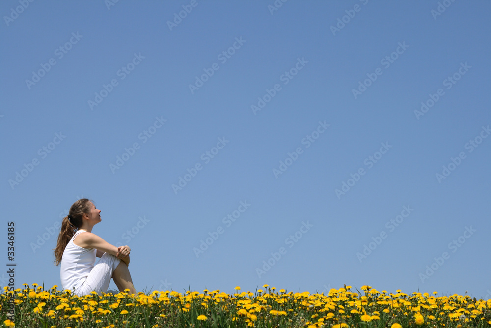 Fototapeta premium girl sitting in dandelion field