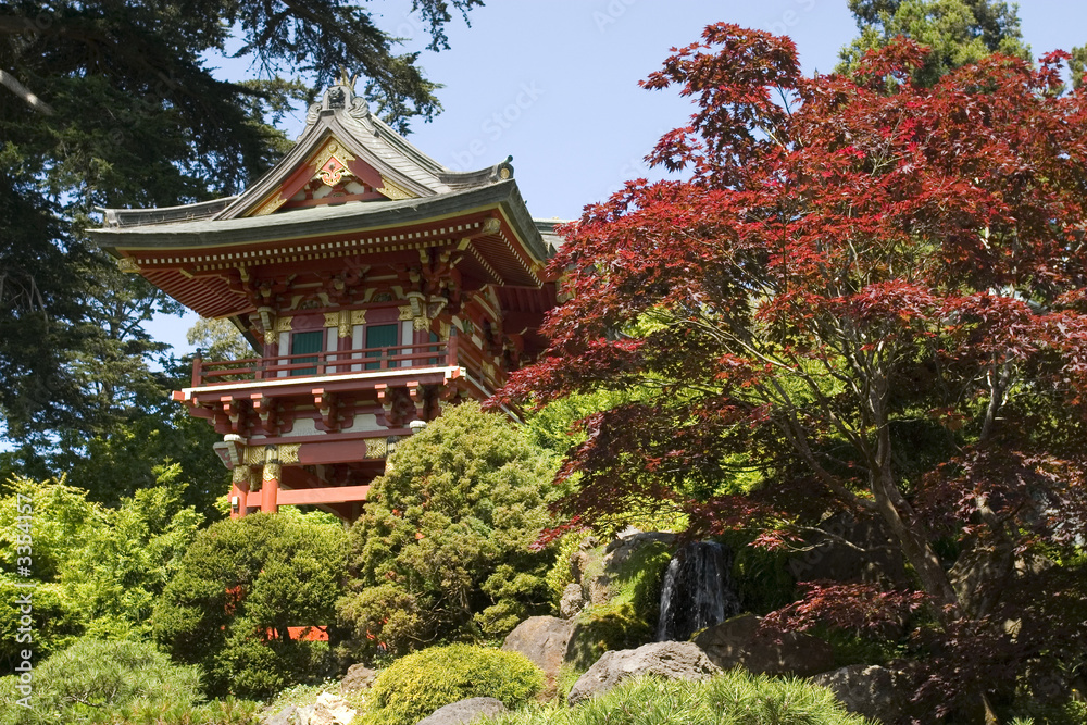 temple gate, and red tree