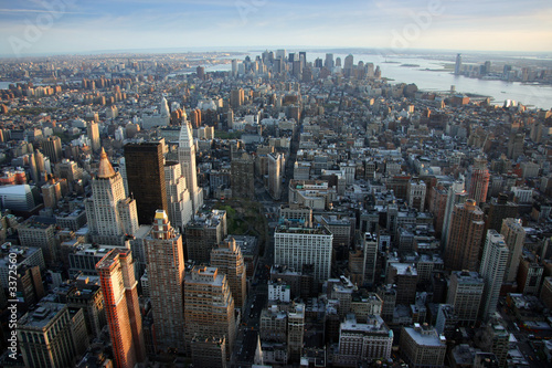 aerial view over lower manhattan, new york