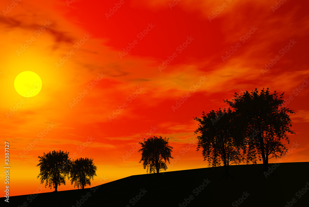 3D-render of trees and sunset silhouette