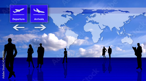 stylized airport office interior with people