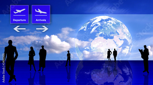 stylized airport office interior with people silho