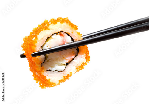 sushi with chopsticks shot on white