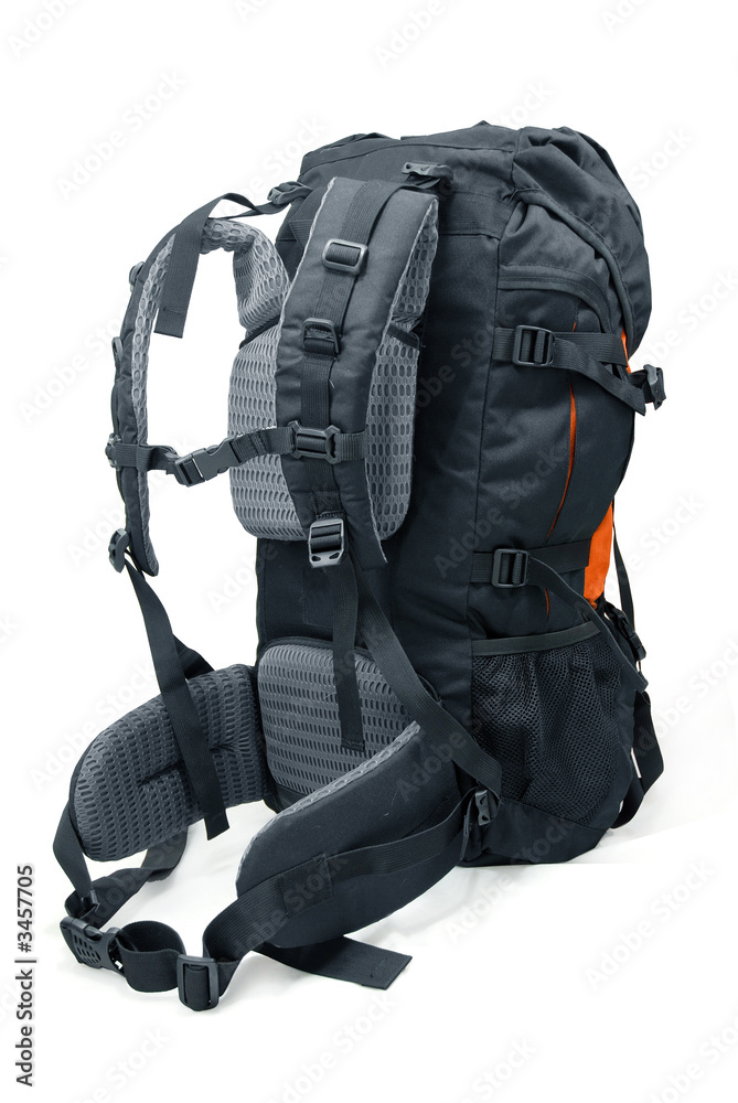 Back of modern tourist backpack isolated on white Back of modern tourist backpack isolated on white