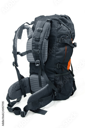 Back of modern tourist backpack isolated on white