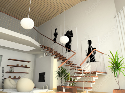 modern comfortable interior with a fire-place. 3D render