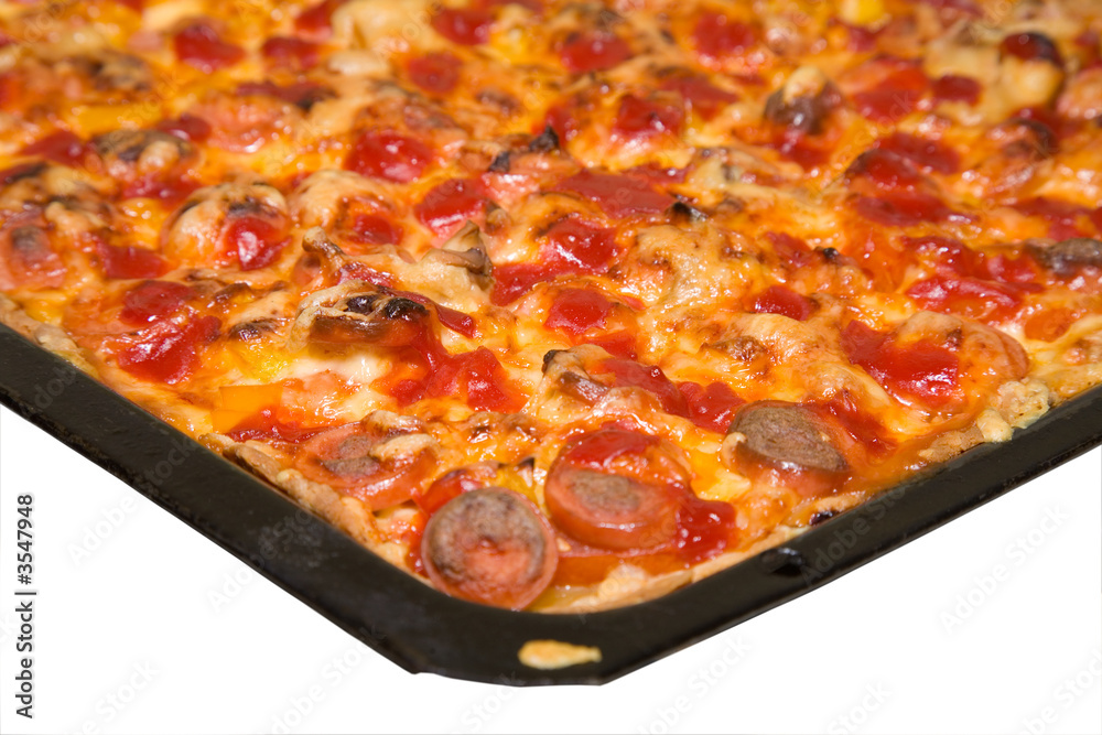 the baking tray with pizza isolated on white background the baking tray with pizza isolated on white background